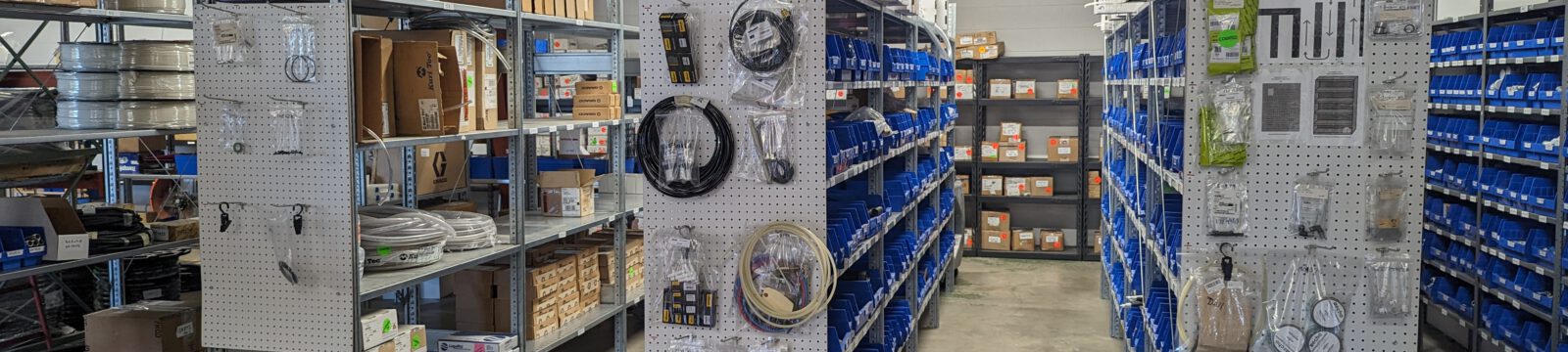 Fittings and parts stored onsite at BF in Denver for urgent shipment or for managing our customers inventory levels (VMI)- coating equipment